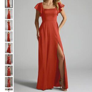 NWT Azazie Bondi Stretch Rust A-Line Bow Stretch Satin Dress